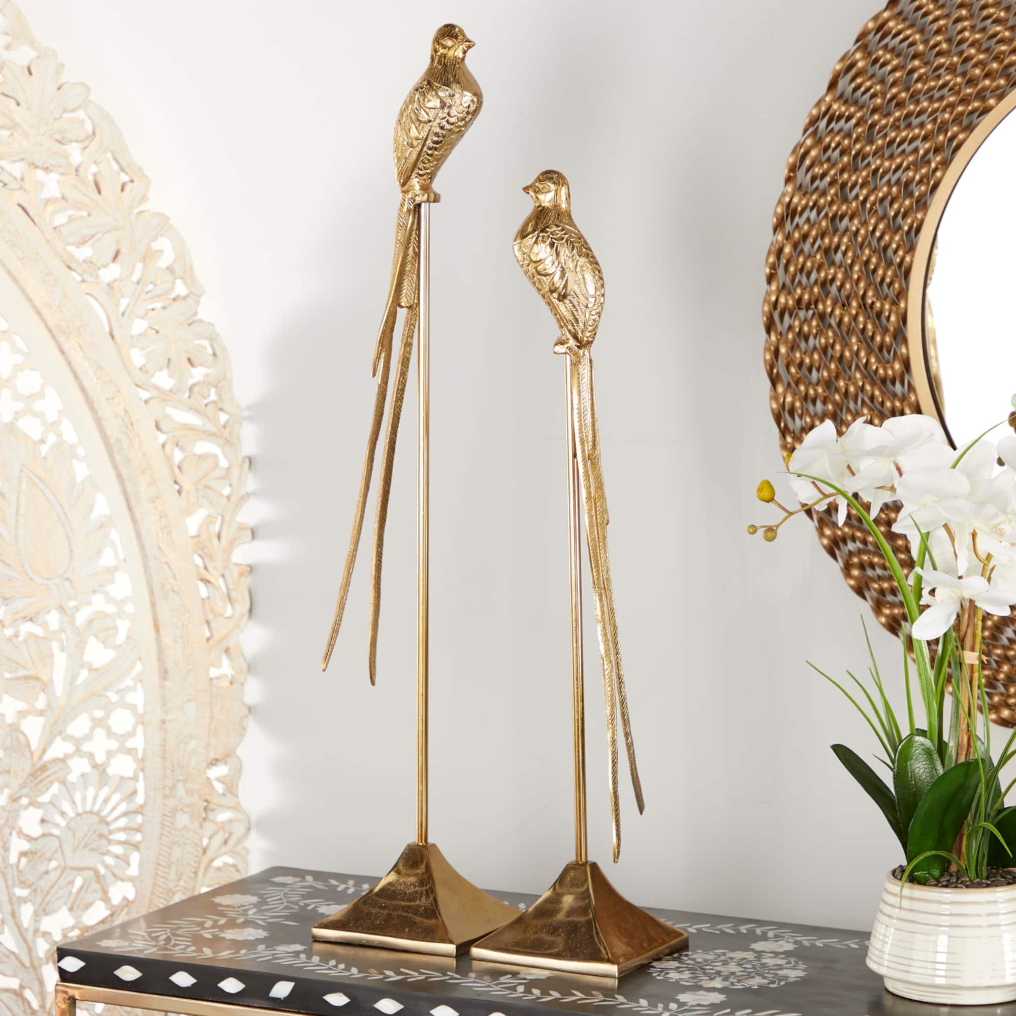 Set of 2 Gold Aluminum Eclectic Bird Sculpture, 33", 28"